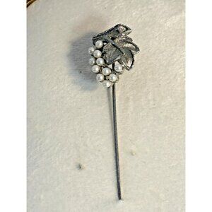 Antique Edwardian Grape Stick Pin Faux Pearl Silver Tone Hat Lapel Tie Pin 2.5"